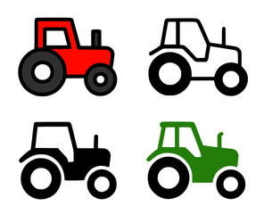 Tractor illustration icon in outline, silhouette, and colored versions