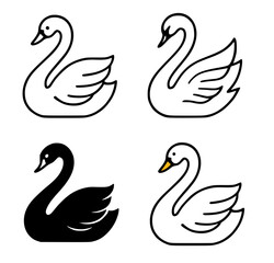 Swan illustration icon in outline, silhouette, and colored versions