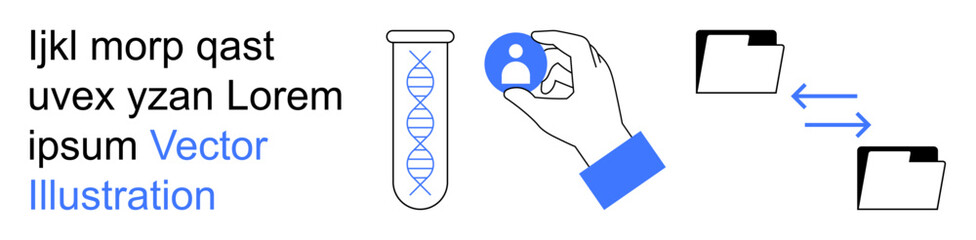 Genetic research, personal identity, biotechnology, data transfer, digital storage, information sharing. A test tube with DNA, a hand holding an avatar icon, and file folders connected by arrows