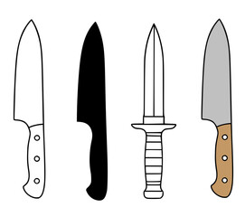 Knife illustration icon in outline, silhouette, and colored versions