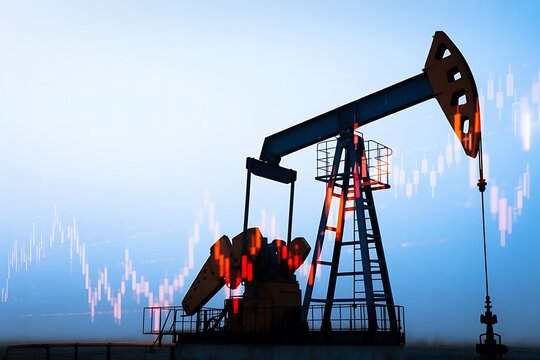 Financial forecasting concept in energy trading featuring oil pump silhouette and data visualization, representing market analysis, investment strategy, commodity trends, and digital economic growth. - Powered by Adobe