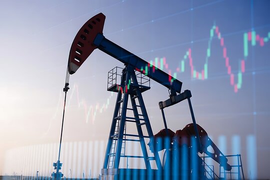 Financial forecasting concept in energy trading featuring oil pump silhouette and data visualization, representing market analysis, investment strategy, commodity trends, and digital economic growth. - Powered by Adobe