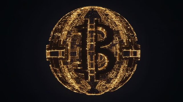 Glowing golden bitcoin symbol inside rotating digital sphere with sparkling particles on dark background