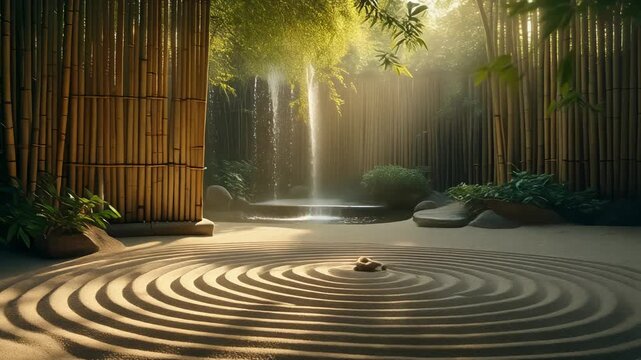 Serene japanese zen garden with raked sand bamboo and waterfall at sunrise symbolizing peace balance and meditation