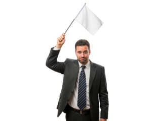 Defeated businessman in suit raising a white flag of surrender