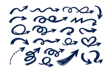 Fototapeta premium set of calligraphic design elements.Hand-drawn doodle arrows in various curved, wavy, and looped styles. Chalk, sketch style navy arrows perfect for directions, infographics, presentations.