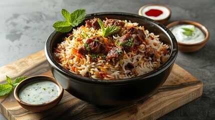 Layered biryani featuring colorful vegetables and tender meat in a bowl