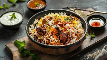 Aromatic biryani dish with fluffy rice, vibrant vegetables, and meat layers