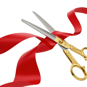Polished golden ceremonial scissors cutting a taut red silk ribbon on a white background with copy space. Concept of inauguration and grand opening