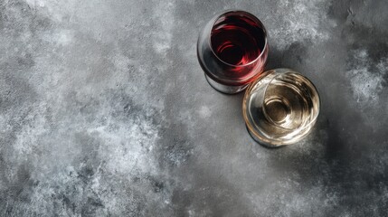 Two wine glasses, one red and one white, are sitting on a grey surface. The red wine glass is almost empty, while the white wine glass is almost full. Concept of relaxation and enjoyment