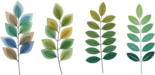 Four artistic stylized foliage branches featuring overlapping translucent leaf layers in varied color palettes including blues greens and earth tones leaves plant nature botanical transparent