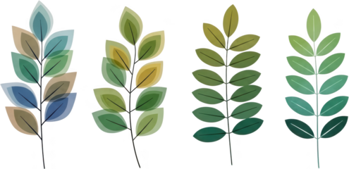 Four artistic stylized foliage branches featuring overlapping translucent leaf layers in varied color palettes including blues greens and earth tones leaves plant nature botanical transparent