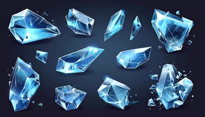 Collection of Sparkling Blue Ice Crystals on Dark Background.