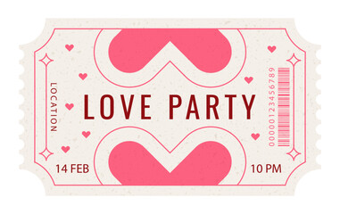 Love party ticket template. Graphic design layout for invitations, flyers, social media posts, or entry passes for holiday celebrations and romantic events. Hand drawn vector illustration.