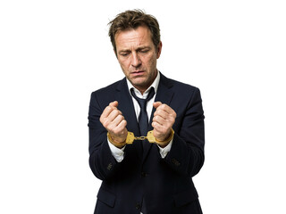 Disheveled businessman looks down in regret while wearing golden handcuffs