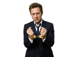 Disheveled businessman looks down in regret while wearing golden handcuffs