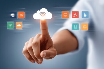 Close-up of a hand touching a cloud icon among digital app icons representing cloud computing and connectivity