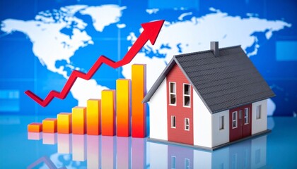 House with ascending bar chart and upward arrow, global housing market growth