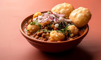 Bowl of spicy chole with bhature and onions on a bold red-orange gradient background
