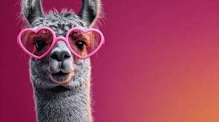 Obraz premium Llama wearing pink heart glasses on pink background, copy space