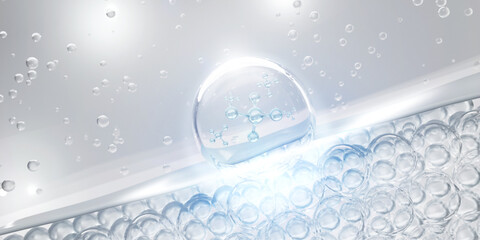 Molecule in side collagen bubble and Vitamin illustration isolated on soft color background. concept skin care cosmetics solution. 3d rendering.