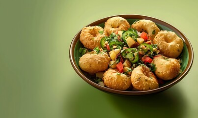 Indian sev puri snack with potatoes and chutneys on a fresh green-yellow background