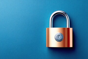 Fototapeta premium Shiny copper padlock on a textured blue background symbolizing cybersecurity, protection, and secure privacy online
