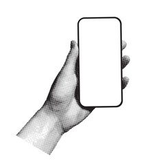 Hand holding a smartphone, modern vector collage in a halftone black and white style. Minimalist pop art illustration, conceptualizing technology, communication, and modern life.