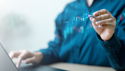 Investment portfolio concept showing candlestick stock chart and data analysis on virtual screen,...