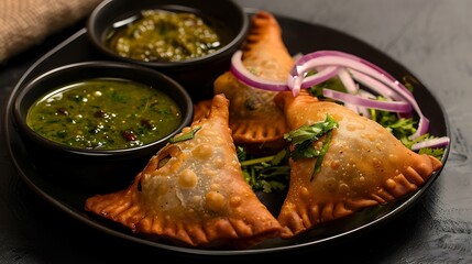 Delicious samosas plated with chutney and onion in dramatic black background food photography