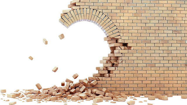 Falling bricks from a crumbling brick wall with an arched opening