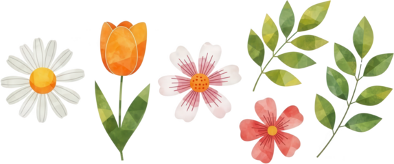 Collection of watercolor style spring flowers including an orange tulip daisy and green foliage elements for design leaves floral bloom botanical nature blossom garden pink transparent background