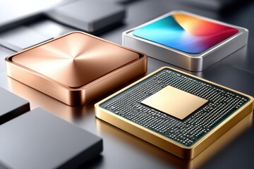 Three desktop processors with different finishes shown on sleek metal surfaces for high-tech hardware visuals