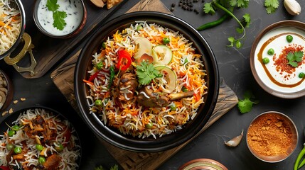 Traditional Indian chicken butter dish with bell peppers, rice, and naan on a rustic wooden table