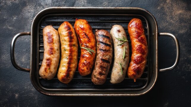 Pan of assorted hot dogs are on a grill. The hot dogs are of different sizes and colors
