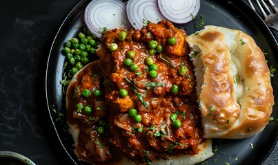Indian pav bhaji on a black plate with rich red curry, green peas, and fresh onions