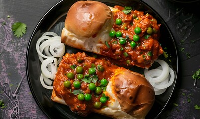 Black plate of pav bhaji with buttery pav, red masala curry, green peas, and sliced onions
