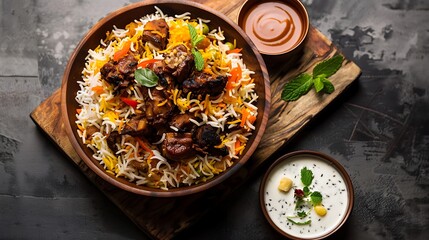 Top view of chicken and bell peppers in rich butter sauce with rice and naan on a wooden table