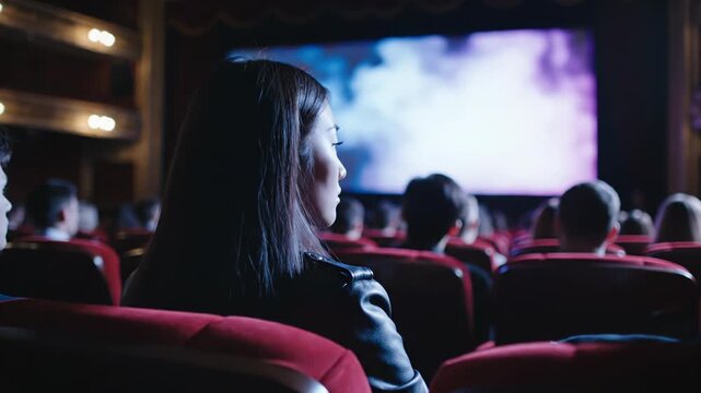 Woman watching movie in cinema with audience around her
