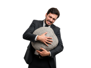 Stressed businessman struggling to carry a heavy stone burden