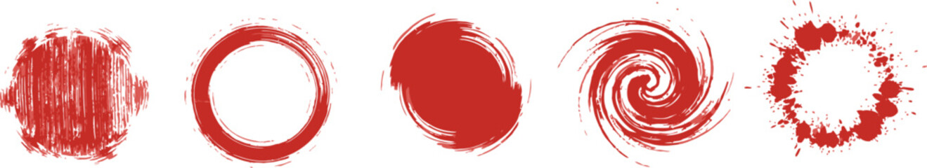Abstract Red Paint Brush Strokes, Grunge Circle Frames, and Ink Splatter Vector Set