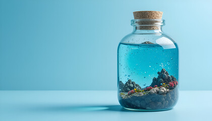 Glass Bottle with Miniature World Inside on Clean Blue Background