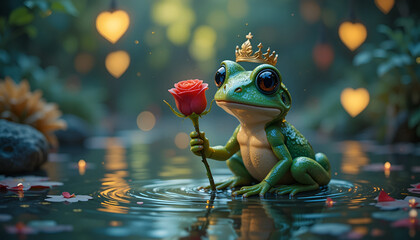Cute Frog Holding Rose with Romantic Heart Bokeh Background