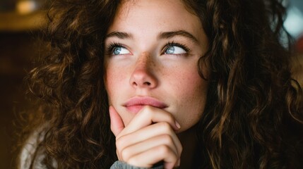 Woman with curly hair is looking up at the camera with a thoughtful expression. She is wearing a gray sweater and has a hand on her chin