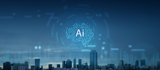 Futuristic smart city concept with artificial intelligence and digital network overlay, representing urban innovation, AI technology, data-driven infrastructure, intelligent systems.