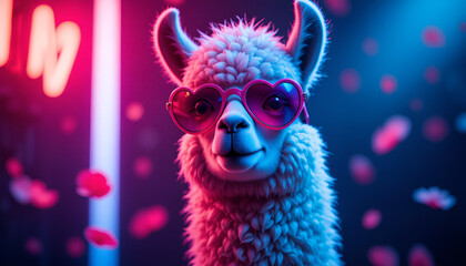 Colorful Neon Alpaca Portrait with Futuristic Glasses on Dark Background