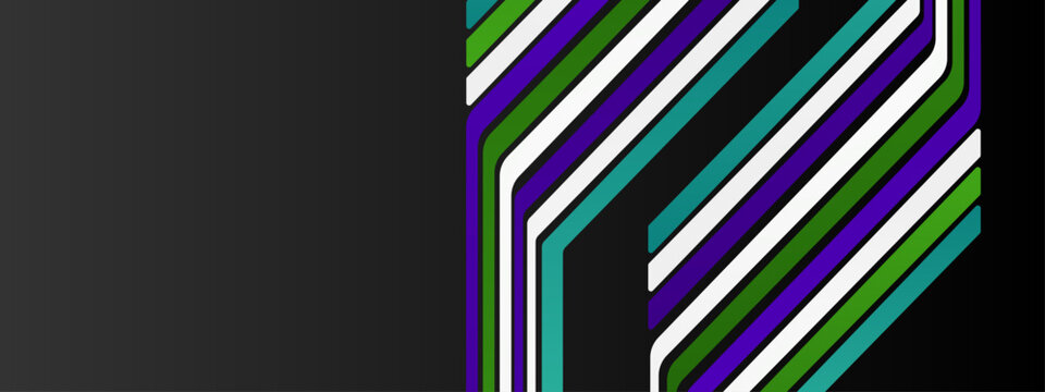 Bold diagonal and vertical lines in green and purple tones against a dark grey background