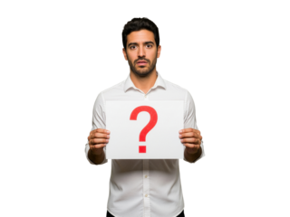 Confused businessman holding a red question mark sign