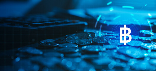 Cryptocurrency and digital finance concept featuring bitcoin symbol over coins and futuristic data interface, representing blockchain technology, decentralized finance, crypto investment.