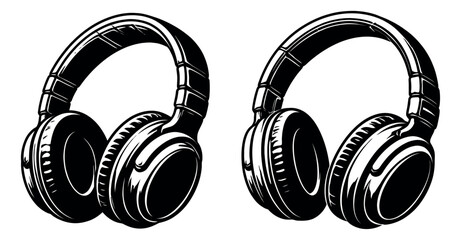Detailed line art headphones set featuring retro over-ear headsets for music and audio entertainment